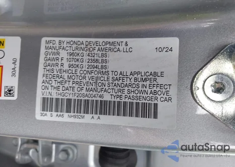 2025 Honda Accord Lx из США, поврежденный, VIN 1HGCY1F20SA004746